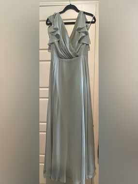 Sage Green Ruffle Sleeve V-Neck Full Length Dress